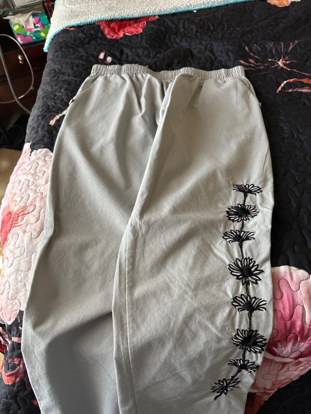 Gray Maxi Skirt with Black Floral Embroidery